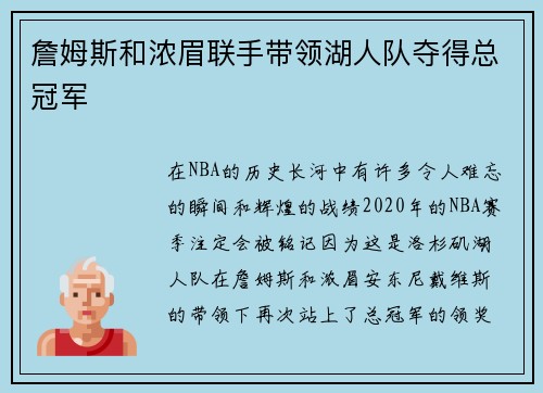 詹姆斯和浓眉联手带领湖人队夺得总冠军